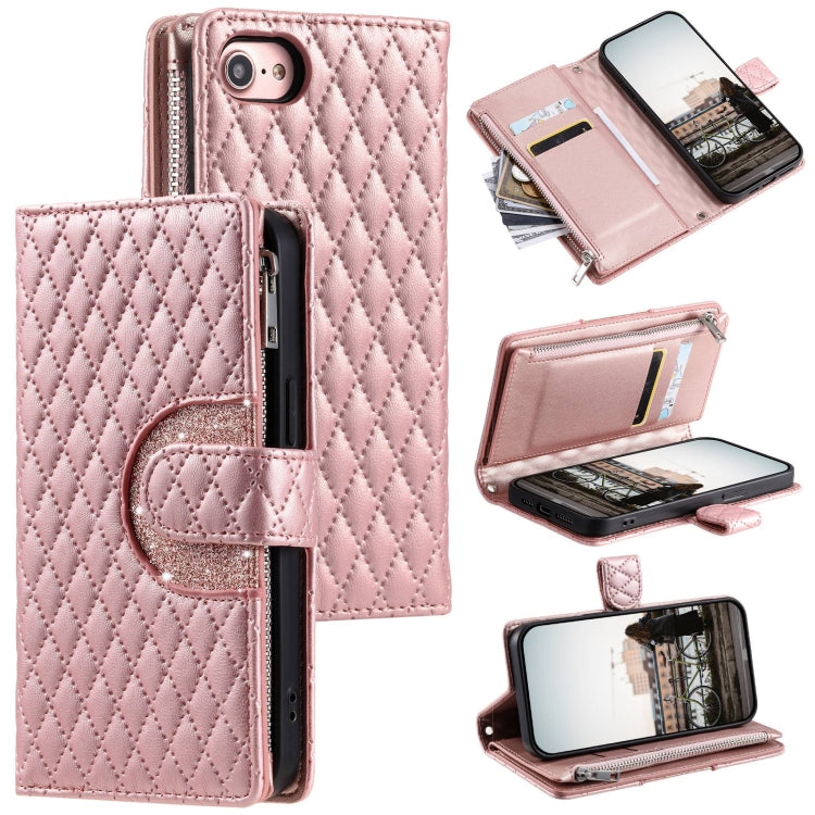 Glitter Lattice Zipper Wallet Leather Phone Case, For iPhone 15, For iPhone 14 Plus, For iPhone 14, For iPhone 14 Pro, For iPhone 14 Pro Max, For iPhone 7 / 8 / SE 2022