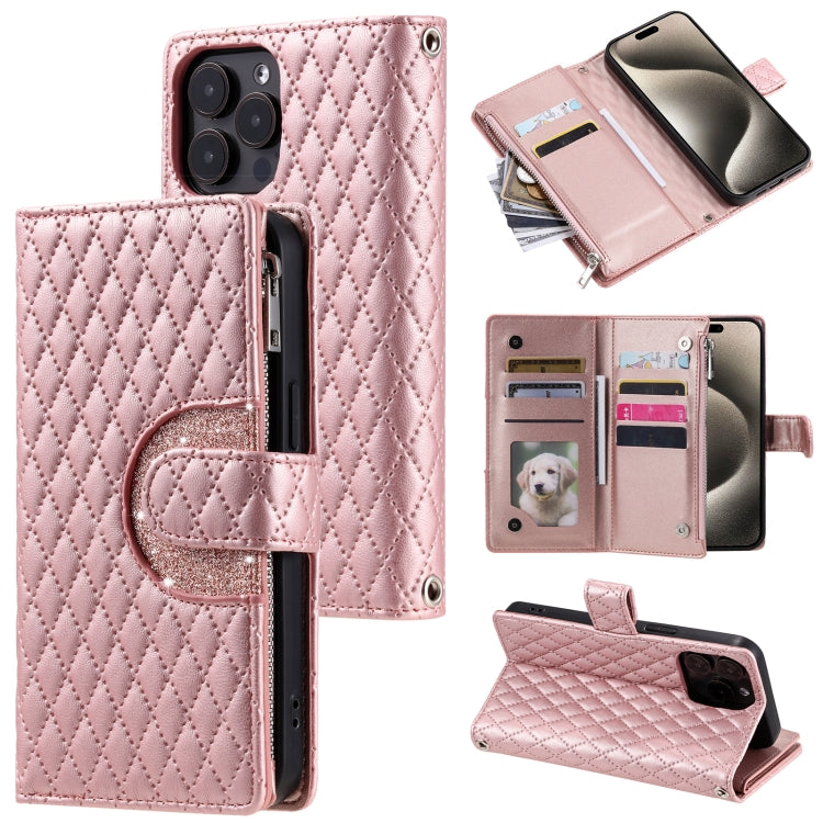 Glitter Lattice Zipper Wallet Leather Phone Case, For iPhone 16e, For iPhone 16 Pro Max, For iPhone 16 Pro, For iPhone 15 Pro Max, For iPhone 15 Pro, For iPhone 15 Plus