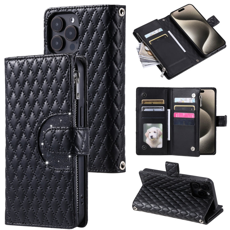 Glitter Lattice Zipper Wallet Leather Phone Case, For iPhone 16e, For iPhone 16 Pro Max, For iPhone 16 Pro, For iPhone 15 Pro Max, For iPhone 15 Pro, For iPhone 15 Plus