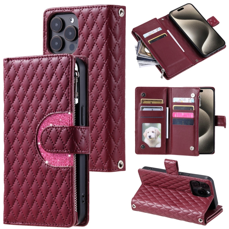 Glitter Lattice Zipper Wallet Leather Phone Case, For iPhone 16e, For iPhone 16 Pro Max, For iPhone 16 Pro, For iPhone 15 Pro Max, For iPhone 15 Pro, For iPhone 15 Plus