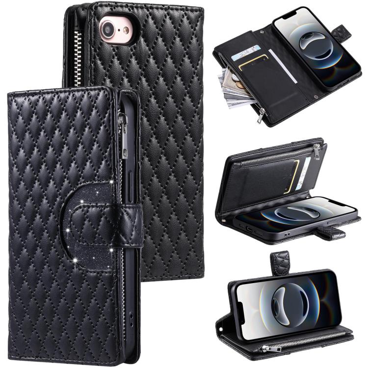 Glitter Lattice Zipper Wallet Leather Phone Case, For iPhone 16e, For iPhone 16 Pro Max, For iPhone 16 Pro, For iPhone 15 Pro Max, For iPhone 15 Pro, For iPhone 15 Plus