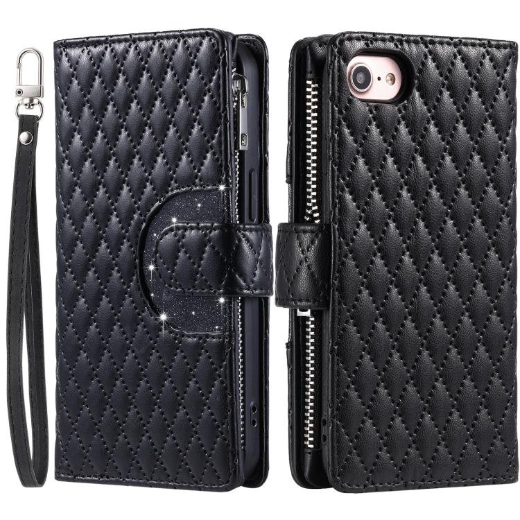Glitter Lattice Zipper Wallet Leather Phone Case, For iPhone 16e, For iPhone 16 Pro Max, For iPhone 16 Pro, For iPhone 15 Pro Max, For iPhone 15 Pro, For iPhone 15 Plus