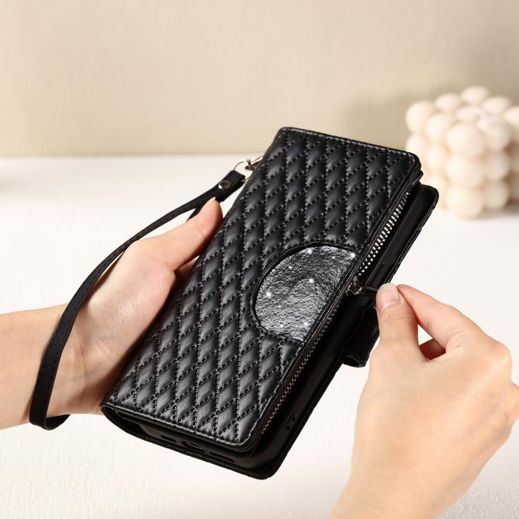 Glitter Lattice Zipper Wallet Leather Phone Case, For iPhone 16e, For iPhone 16 Pro Max, For iPhone 16 Pro, For iPhone 15 Pro Max, For iPhone 15 Pro, For iPhone 15 Plus