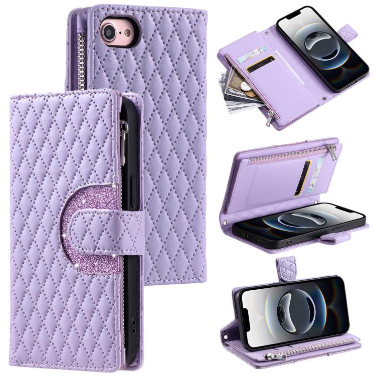 Glitter Lattice Zipper Wallet Leather Phone Case, For iPhone 16e, For iPhone 16 Pro Max, For iPhone 16 Pro, For iPhone 15 Pro Max, For iPhone 15 Pro, For iPhone 15 Plus