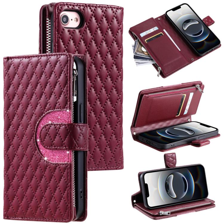 Glitter Lattice Zipper Wallet Leather Phone Case, For iPhone 16e, For iPhone 16 Pro Max, For iPhone 16 Pro, For iPhone 15 Pro Max, For iPhone 15 Pro, For iPhone 15 Plus
