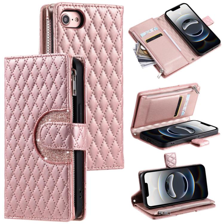 Glitter Lattice Zipper Wallet Leather Phone Case, For iPhone 16e, For iPhone 16 Pro Max, For iPhone 16 Pro, For iPhone 15 Pro Max, For iPhone 15 Pro, For iPhone 15 Plus