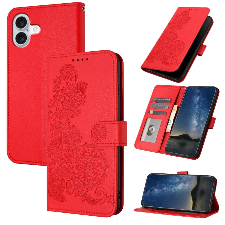 Datura Flower Embossed Flip Leather Phone Case, For iPhone 16 Pro, For iPhone 16 Plus, For iPhone 16