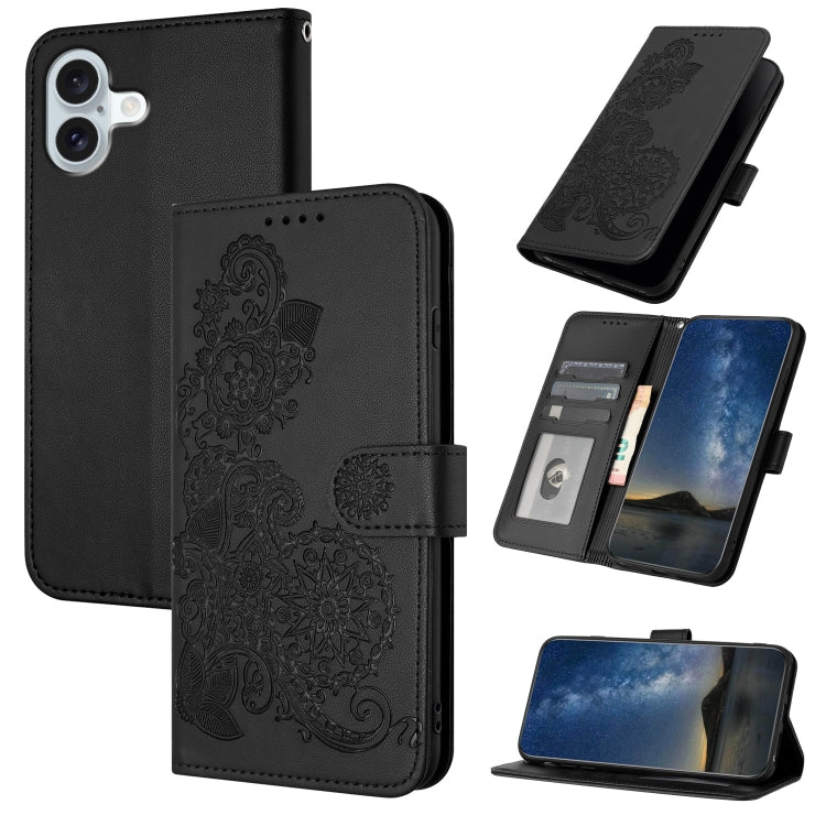 Datura Flower Embossed Flip Leather Phone Case, For iPhone 16 Pro, For iPhone 16 Plus, For iPhone 16