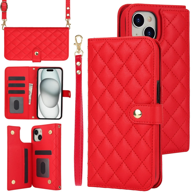 Crossbody Multifunction Rhombic Leather Phone Case, For iPhone 15 Plus, For iPhone 15, For iPhone 14 Plus