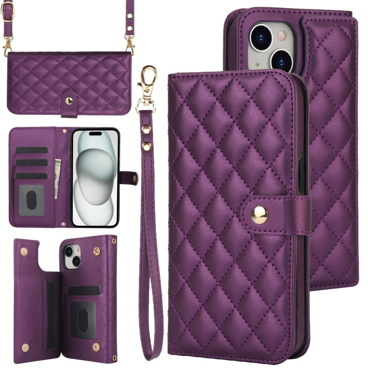 Crossbody Multifunction Rhombic Leather Phone Case, For iPhone 15 Plus, For iPhone 15, For iPhone 14 Plus