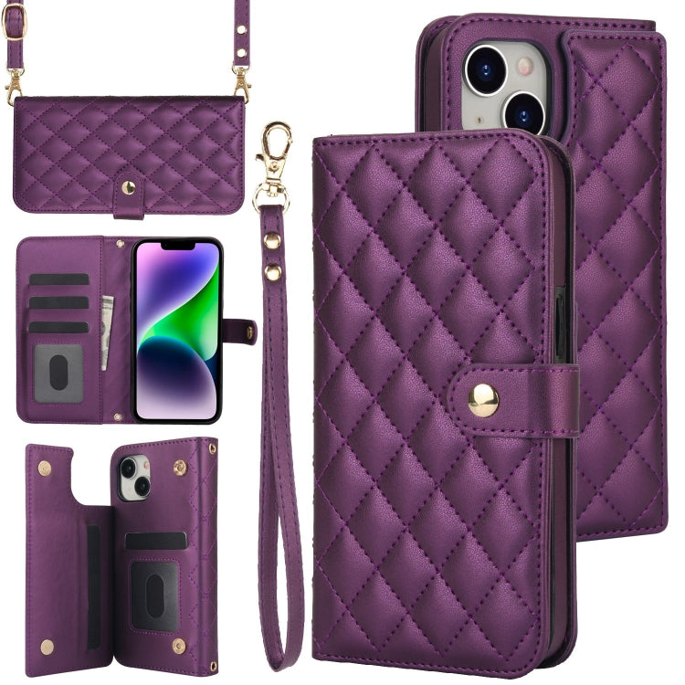 Crossbody Multifunction Rhombic Leather Phone Case, For iPhone 15 Plus, For iPhone 15, For iPhone 14 Plus