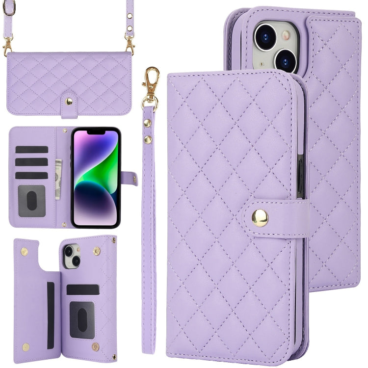 Crossbody Multifunction Rhombic Leather Phone Case, For iPhone 15 Plus, For iPhone 15, For iPhone 14 Plus