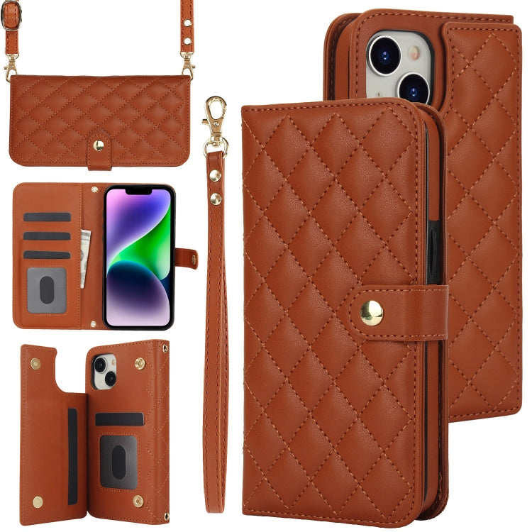 Crossbody Multifunction Rhombic Leather Phone Case, For iPhone 15 Plus, For iPhone 15, For iPhone 14 Plus