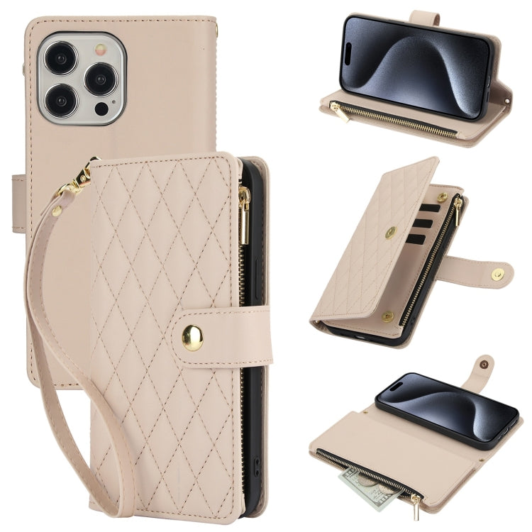 YM016 Rhombic Zipper Card Wallet Leather Phone Case with Lanyard