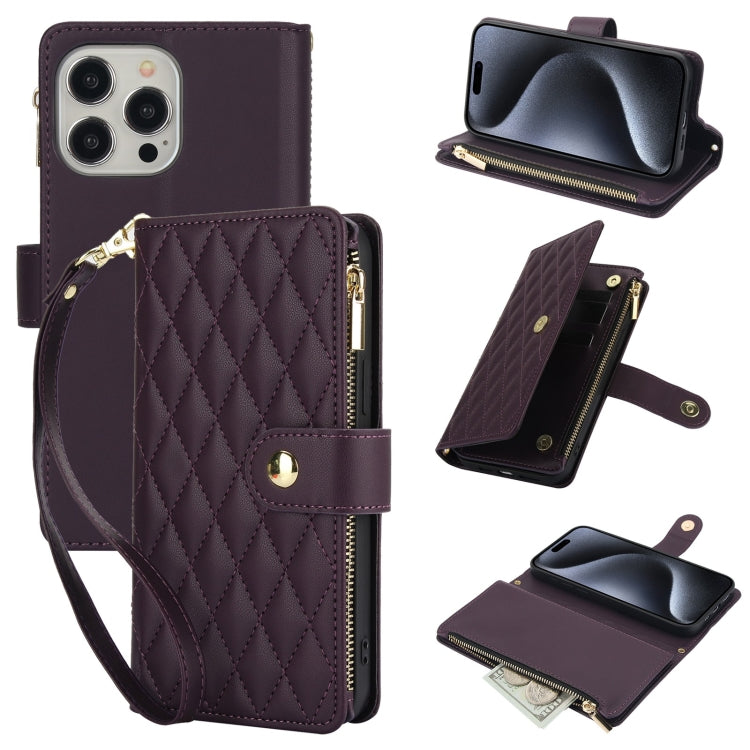 YM016 Rhombic Zipper Card Wallet Leather Phone Case with Lanyard