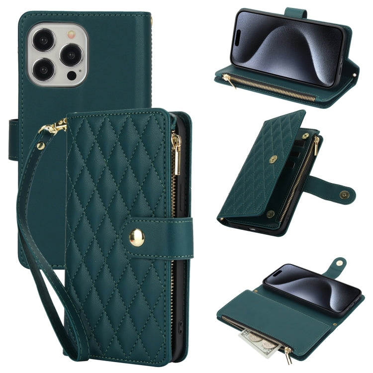 YM016 Rhombic Zipper Card Wallet Leather Phone Case with Lanyard