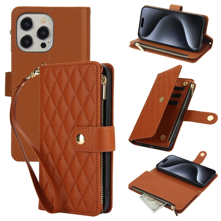 YM016 Rhombic Zipper Card Wallet Leather Phone Case with Lanyard