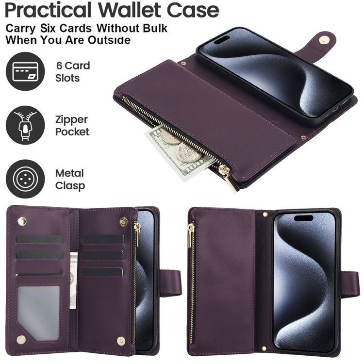 YM016 Rhombic Zipper Card Wallet Leather Phone Case with Lanyard, For iPhone 15 Plus, For iPhone 15, For iPhone 14 Plus