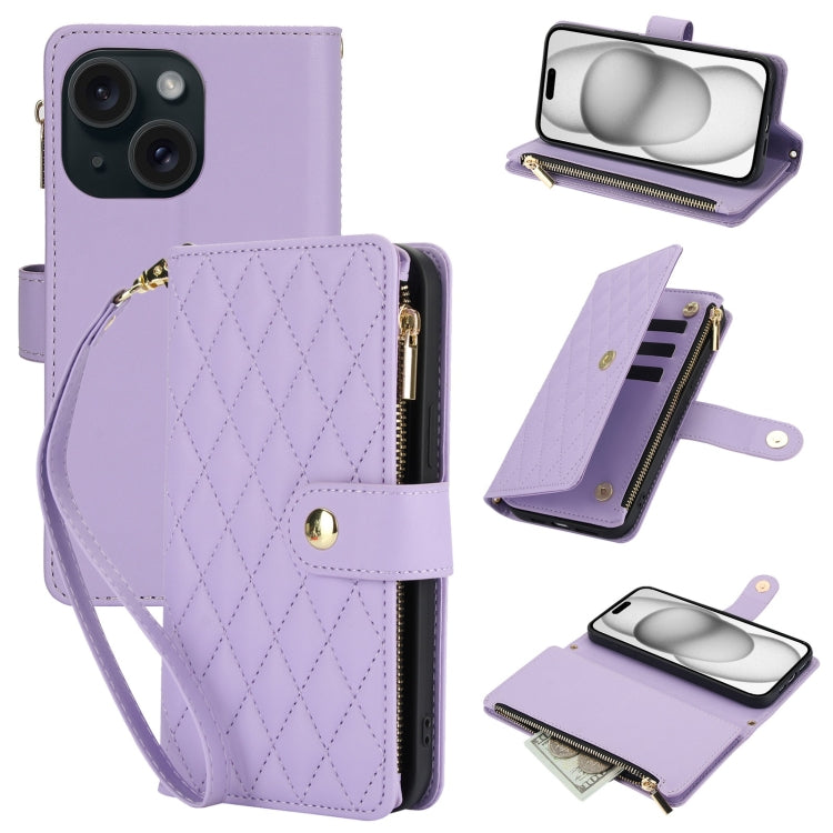 YM016 Rhombic Zipper Card Wallet Leather Phone Case with Lanyard, For iPhone 15 Plus, For iPhone 15, For iPhone 14 Plus