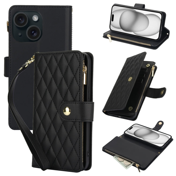 YM016 Rhombic Zipper Card Wallet Leather Phone Case with Lanyard, For iPhone 15 Plus, For iPhone 15, For iPhone 14 Plus
