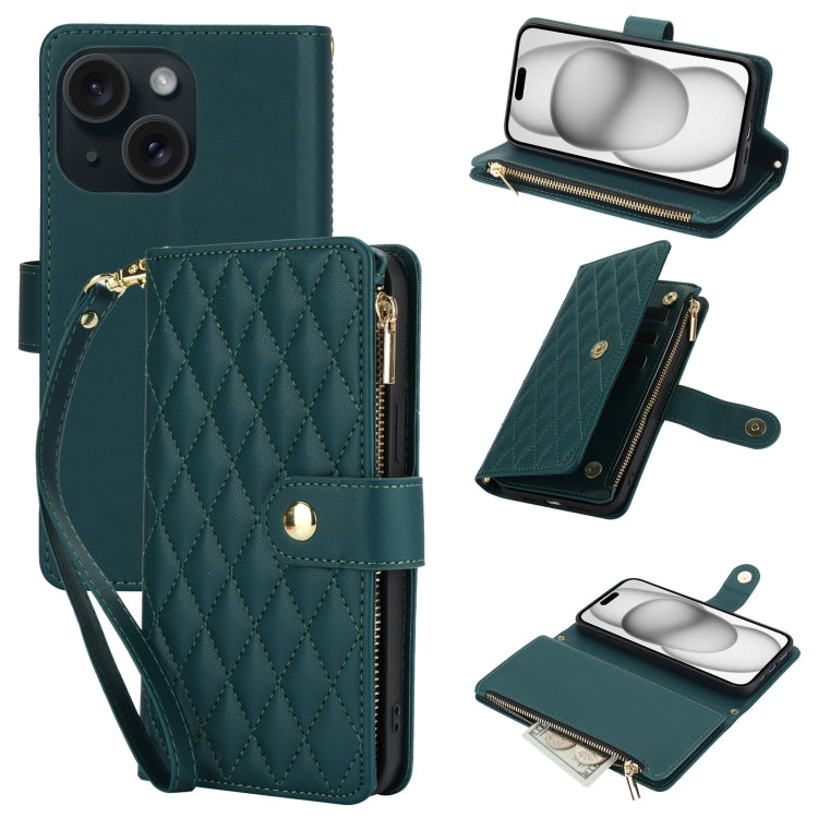 YM016 Rhombic Zipper Card Wallet Leather Phone Case with Lanyard, For iPhone 15 Plus, For iPhone 15, For iPhone 14 Plus