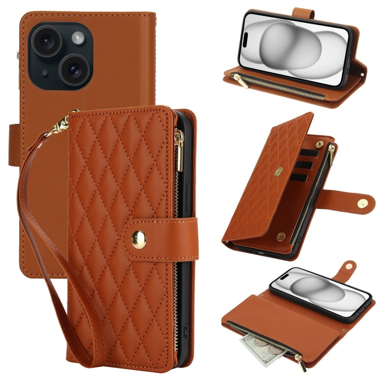 YM016 Rhombic Zipper Card Wallet Leather Phone Case with Lanyard, For iPhone 15 Plus, For iPhone 15, For iPhone 14 Plus