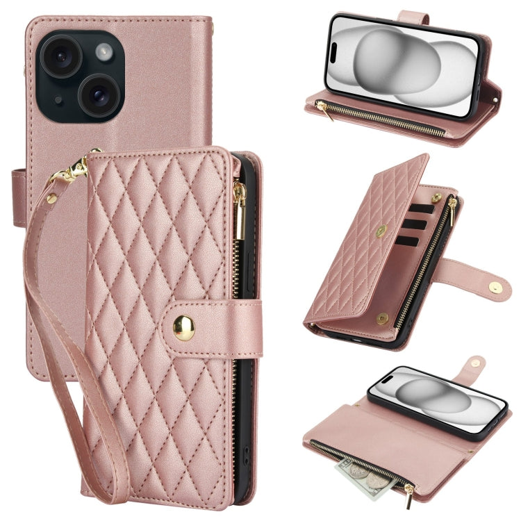 YM016 Rhombic Zipper Card Wallet Leather Phone Case with Lanyard, For iPhone 15 Plus, For iPhone 15, For iPhone 14 Plus
