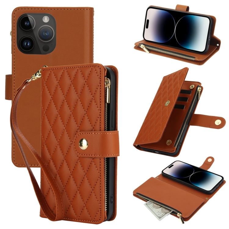 YM016 Rhombic Zipper Card Wallet Leather Phone Case with Lanyard