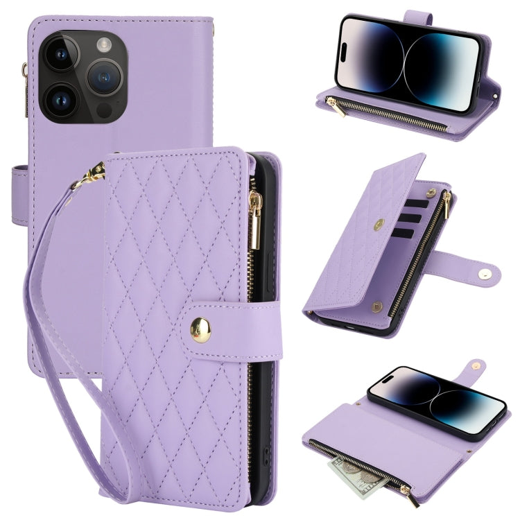 YM016 Rhombic Zipper Card Wallet Leather Phone Case with Lanyard