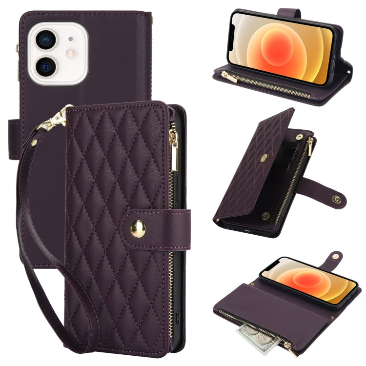 YM016 Rhombic Zipper Card Wallet Leather Phone Case with Lanyard
