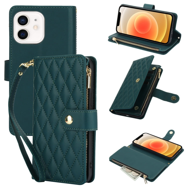 YM016 Rhombic Zipper Card Wallet Leather Phone Case with Lanyard