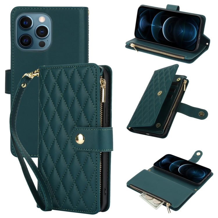 YM016 Rhombic Zipper Card Wallet Leather Phone Case with Lanyard