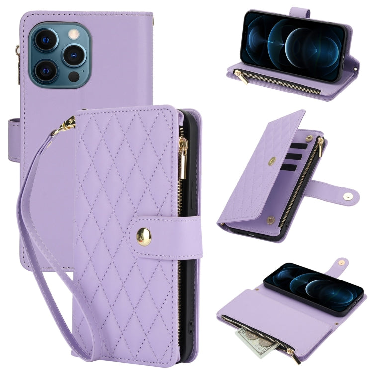YM016 Rhombic Zipper Card Wallet Leather Phone Case with Lanyard