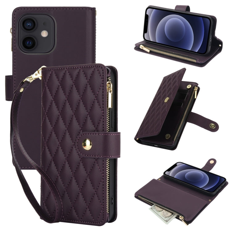 YM016 Rhombic Zipper Card Wallet Leather Phone Case with Lanyard