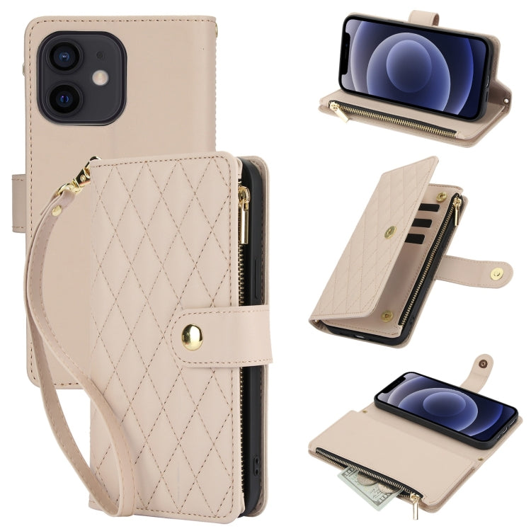 YM016 Rhombic Zipper Card Wallet Leather Phone Case with Lanyard