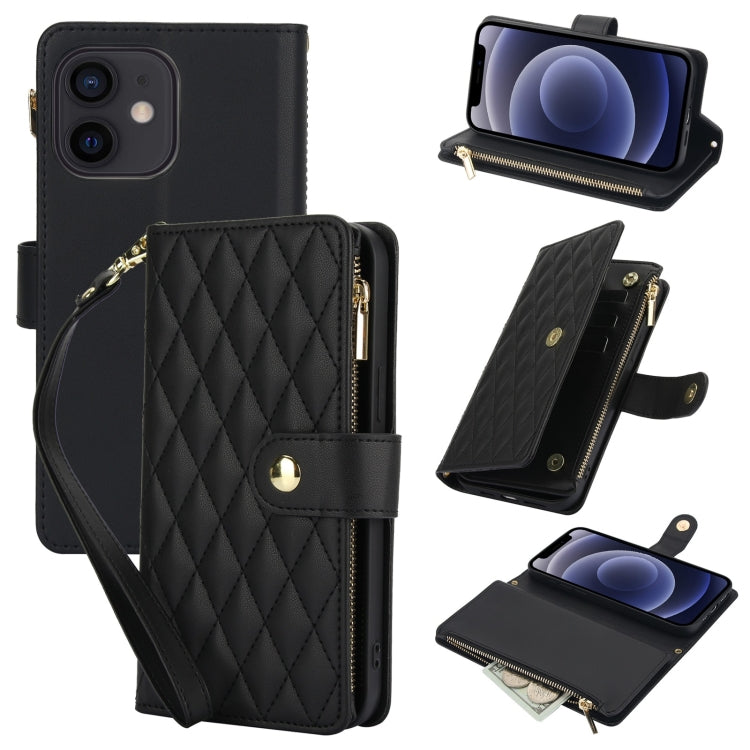 YM016 Rhombic Zipper Card Wallet Leather Phone Case with Lanyard