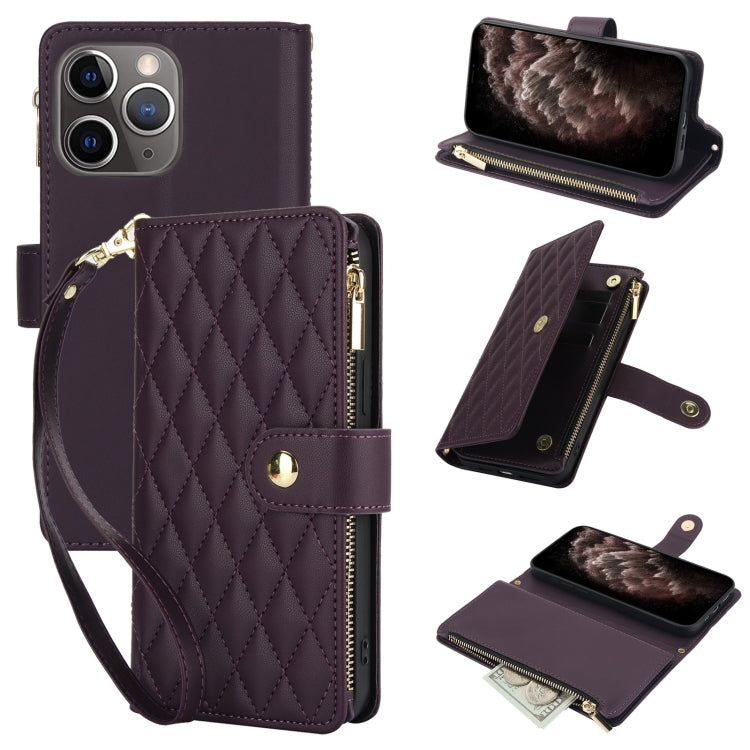 YM016 Rhombic Zipper Card Wallet Leather Phone Case with Lanyard