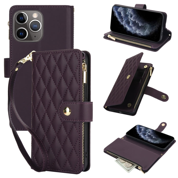 YM016 Rhombic Zipper Card Wallet Leather Phone Case with Lanyard, For iPhone 11, For iPhone 11 Pro, For iPhone X / XS