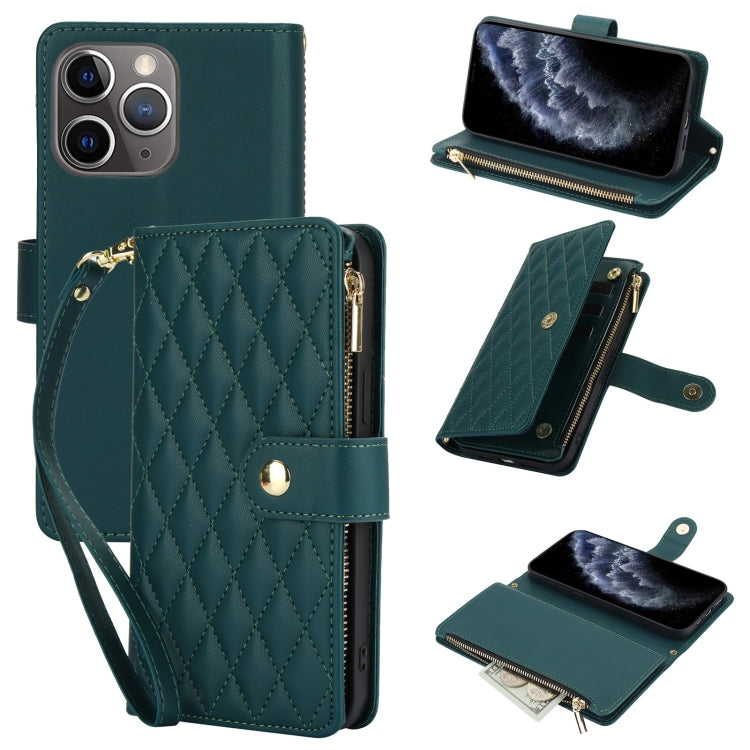 YM016 Rhombic Zipper Card Wallet Leather Phone Case with Lanyard, For iPhone 11, For iPhone 11 Pro, For iPhone X / XS