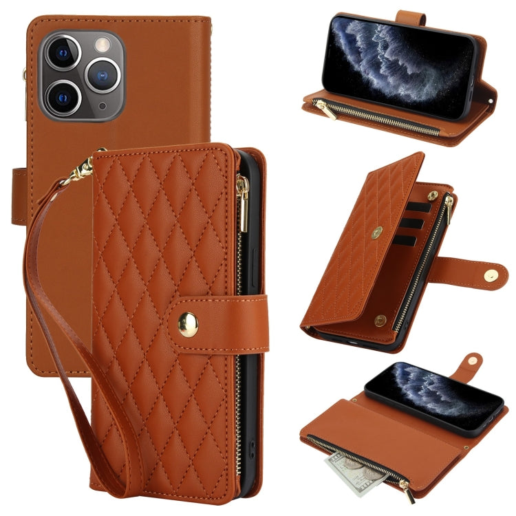 YM016 Rhombic Zipper Card Wallet Leather Phone Case with Lanyard, For iPhone 11, For iPhone 11 Pro, For iPhone X / XS