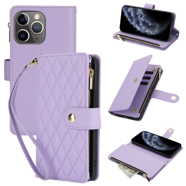 YM016 Rhombic Zipper Card Wallet Leather Phone Case with Lanyard, For iPhone 11, For iPhone 11 Pro, For iPhone X / XS
