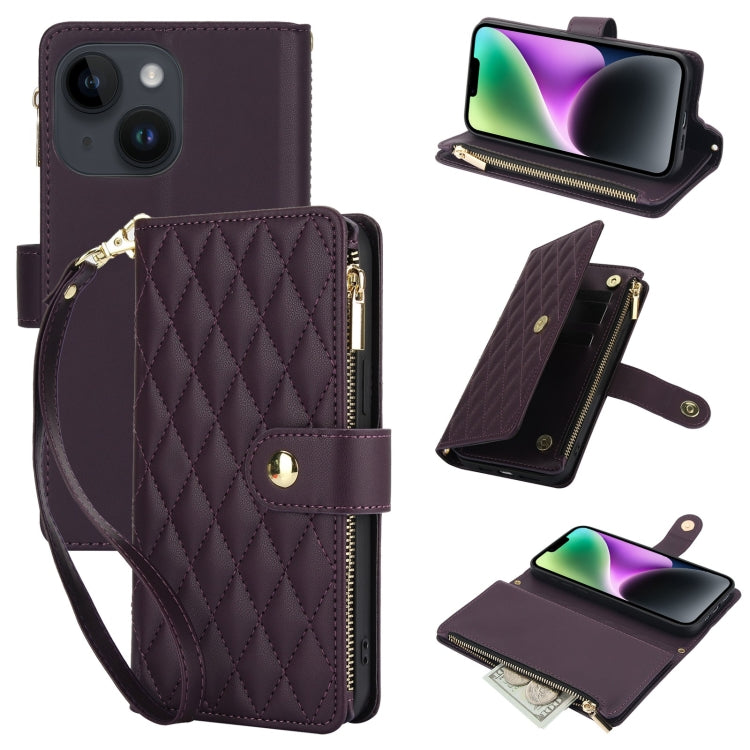 YM016 Rhombic Zipper Card Wallet Leather Phone Case with Lanyard, For iPhone 15 Plus, For iPhone 15, For iPhone 14 Plus