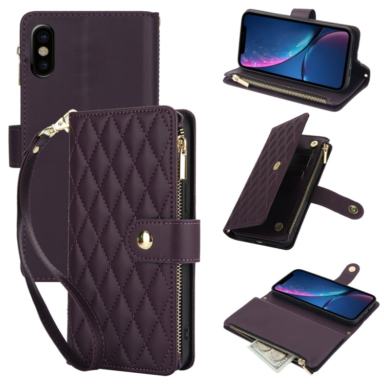 YM016 Rhombic Zipper Card Wallet Leather Phone Case with Lanyard, For iPhone 11, For iPhone 11 Pro, For iPhone X / XS