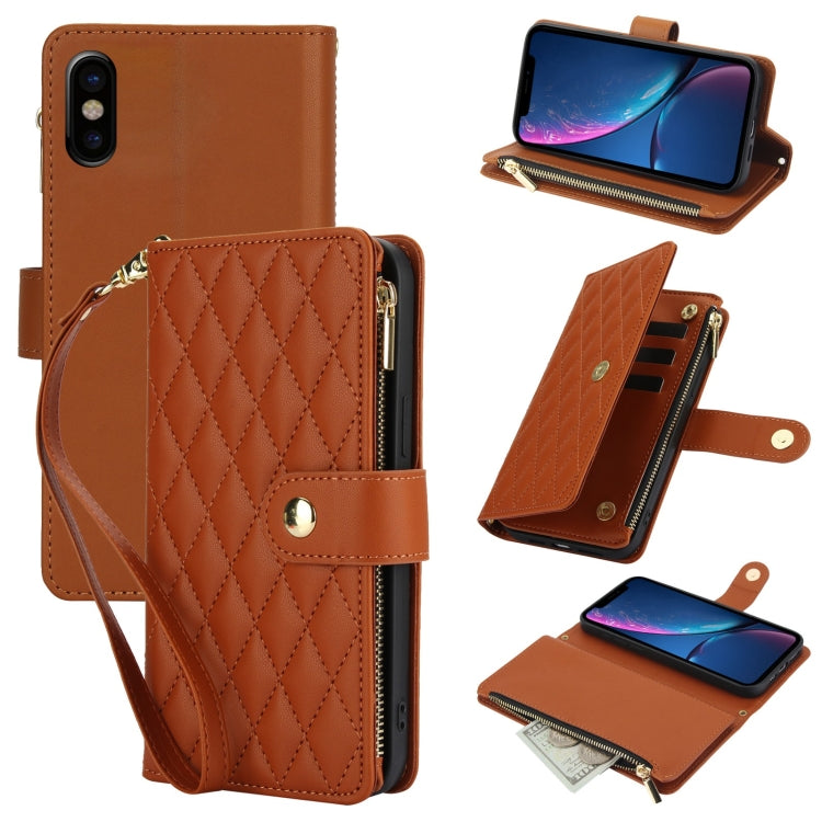 YM016 Rhombic Zipper Card Wallet Leather Phone Case with Lanyard, For iPhone 11, For iPhone 11 Pro, For iPhone X / XS