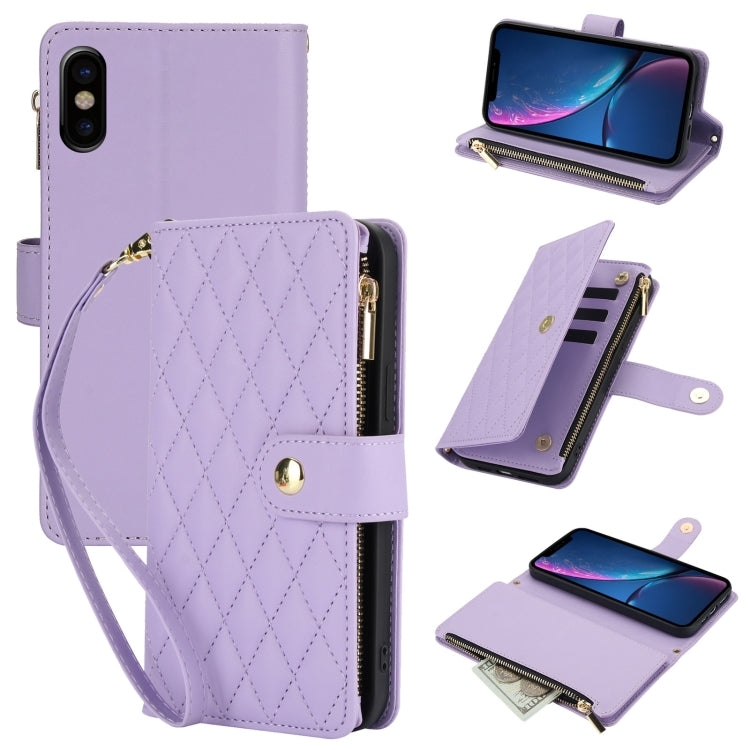 YM016 Rhombic Zipper Card Wallet Leather Phone Case with Lanyard, For iPhone 11, For iPhone 11 Pro, For iPhone X / XS