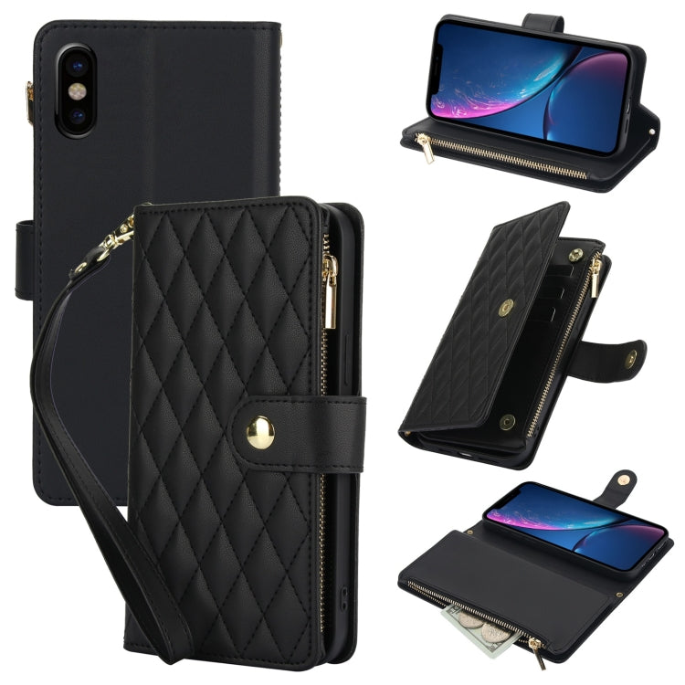 YM016 Rhombic Zipper Card Wallet Leather Phone Case with Lanyard, For iPhone 11, For iPhone 11 Pro, For iPhone X / XS