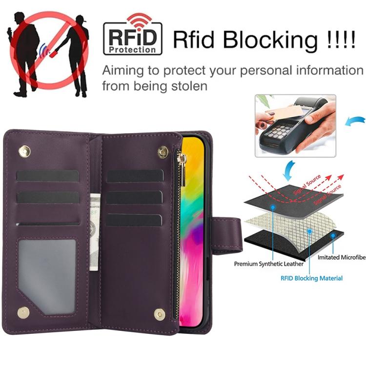 YM016 Rhombic Zipper Card Wallet Leather Phone Case with Lanyard