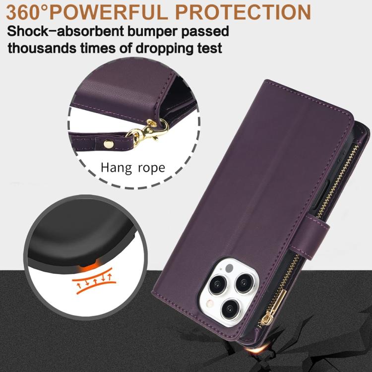 YM016 Rhombic Zipper Card Wallet Leather Phone Case with Lanyard