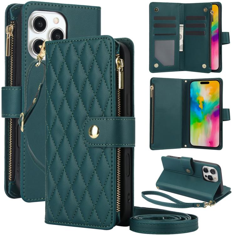YM016 Rhombic Zipper Card Wallet Leather Phone Case with Lanyard