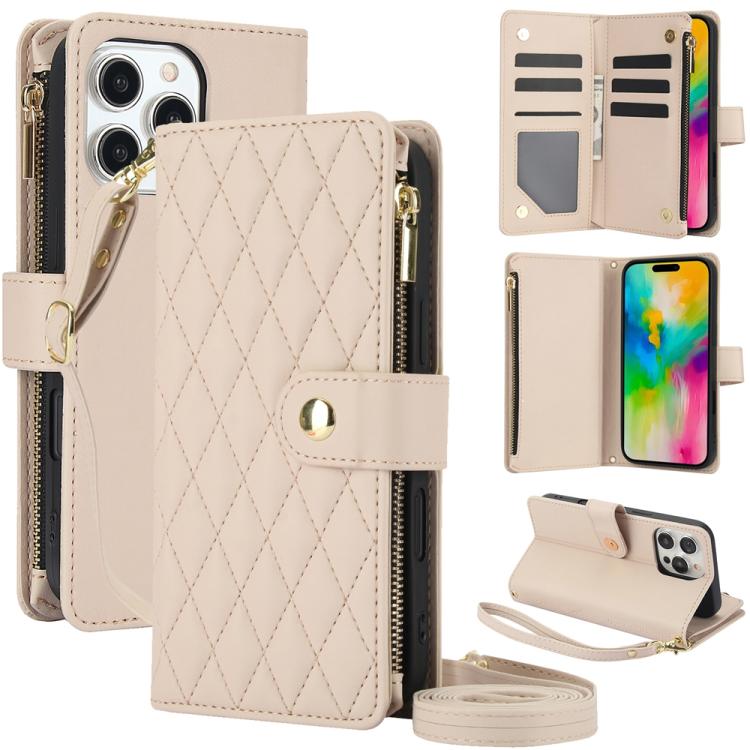 YM016 Rhombic Zipper Card Wallet Leather Phone Case with Lanyard
